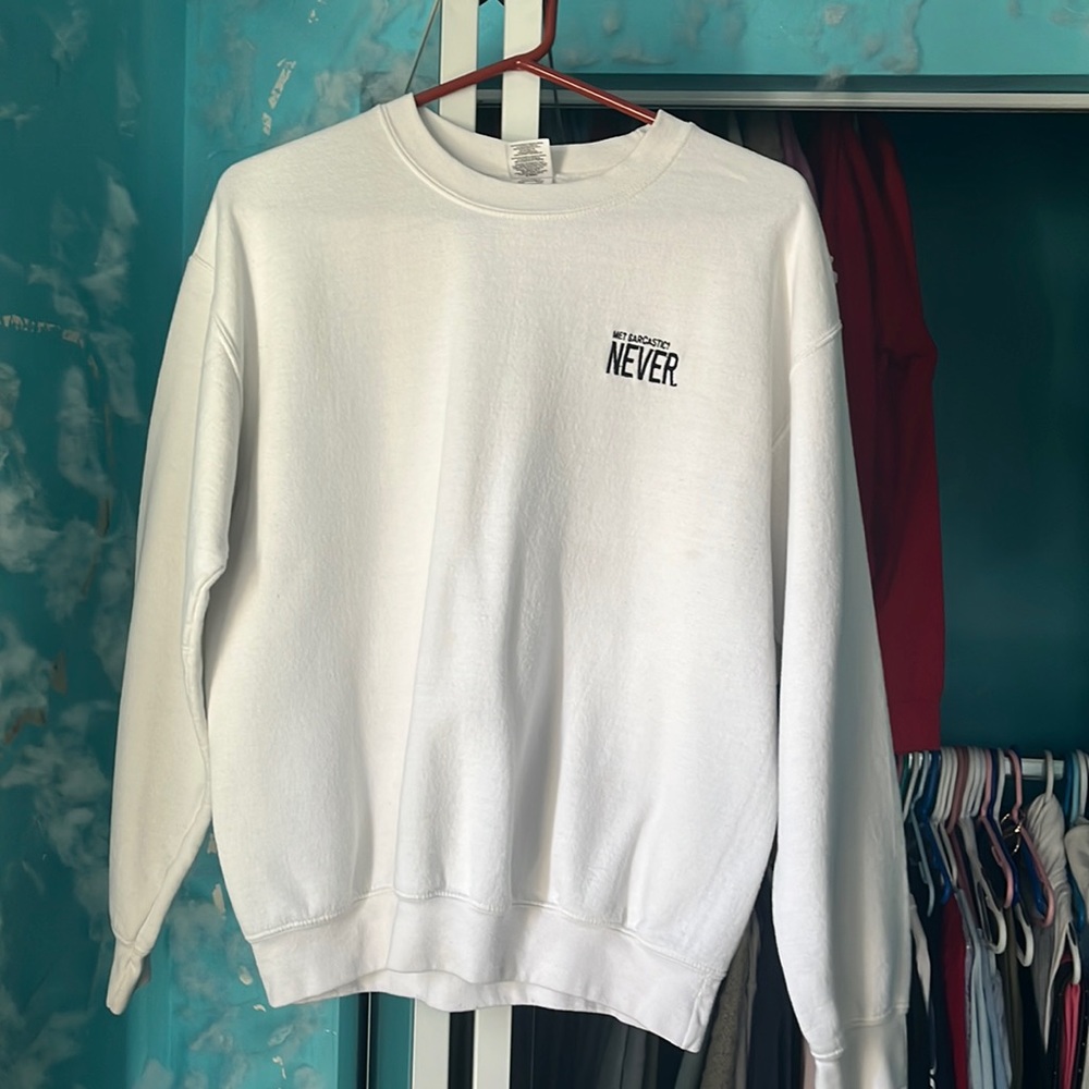 white & black sweatshirt.